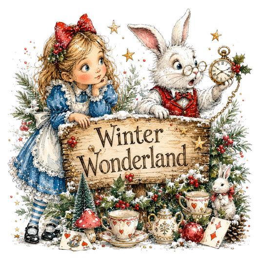 winter wonderland, christmas, holiday, fairy tale, storybook, whimsical, vintage, navy blue, cream white, red, gold, girl, rabbit, bunny, teapot, clock, pocket watch, stars, snow, evergreen, festive, elegant, nostalgic, alice in wonderland, tea party, hearts, striped stockings, bow, decorative, children's
