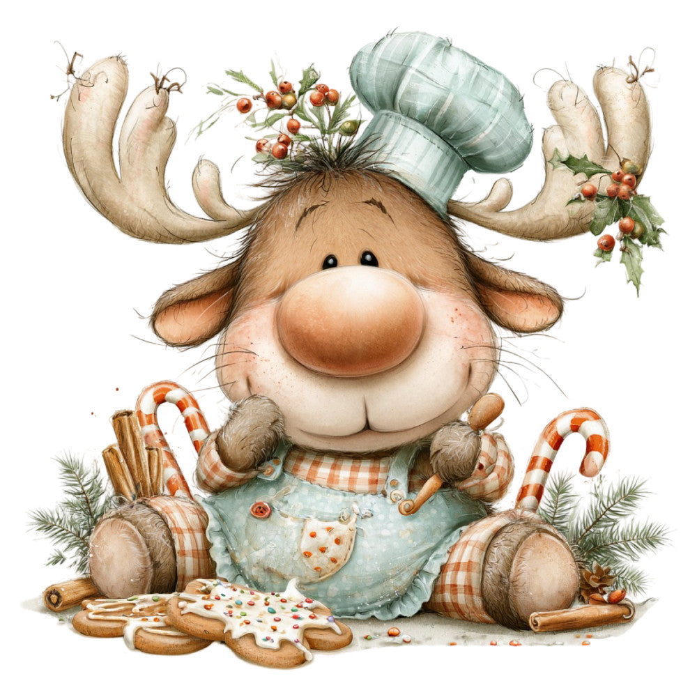 reindeer, christmas, holiday, whimsical, cute animals, farmhouse, rustic, cream, sage green, rust orange, tan, brown, gingerbread, candy canes, festive, winter, cheerful, children's, baby quilt, wall hanging, decorative, vintage style, folk art, country, plaid, striped, baking theme, cookies, seasonal, festive decor