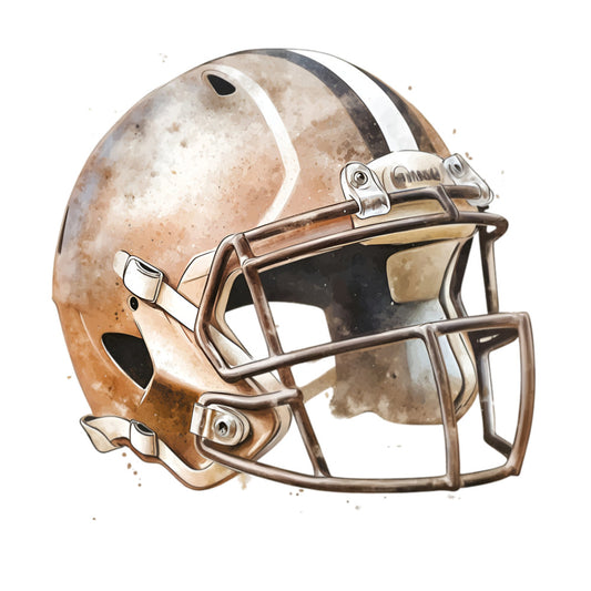 football helmet, sports, tan, brown, cream, beige, taupe, rust, bronze, metallic, watercolor, vintage sports, athletic, masculine, gridiron, team sports, football, americana, sports fan, casual style, rustic, weathered, sports themed, autumn, fall colors, man cave, boys room, wall art, decorative panel