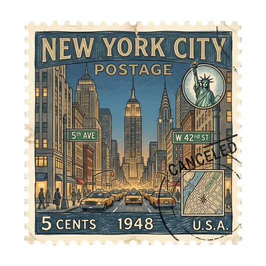 vintage new york city, 1948, postage stamp, art deco, cream, navy blue, gold, tan, urban landscape, skyline, empire state building, chrysler building, statue of liberty, yellow taxi cabs, street scene, retro, nostalgic, mid-century, americana, travel theme, destination print, classic, elegant, collectible, decorative panel, wall hanging, home decor, novelty print