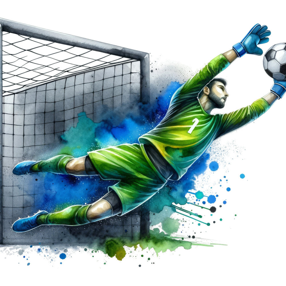 soccer, goalkeeper, sports, athletic, action, lime green, bright green, blue, watercolor, splatter, abstract, modern, dynamic, energetic, male athlete, sports fan, youth, fan art, goal keeper, jersey number 1, inspirational, motivational, watercolor splash, contemporary, vibrant, competitive spirit, team sports, ball sport