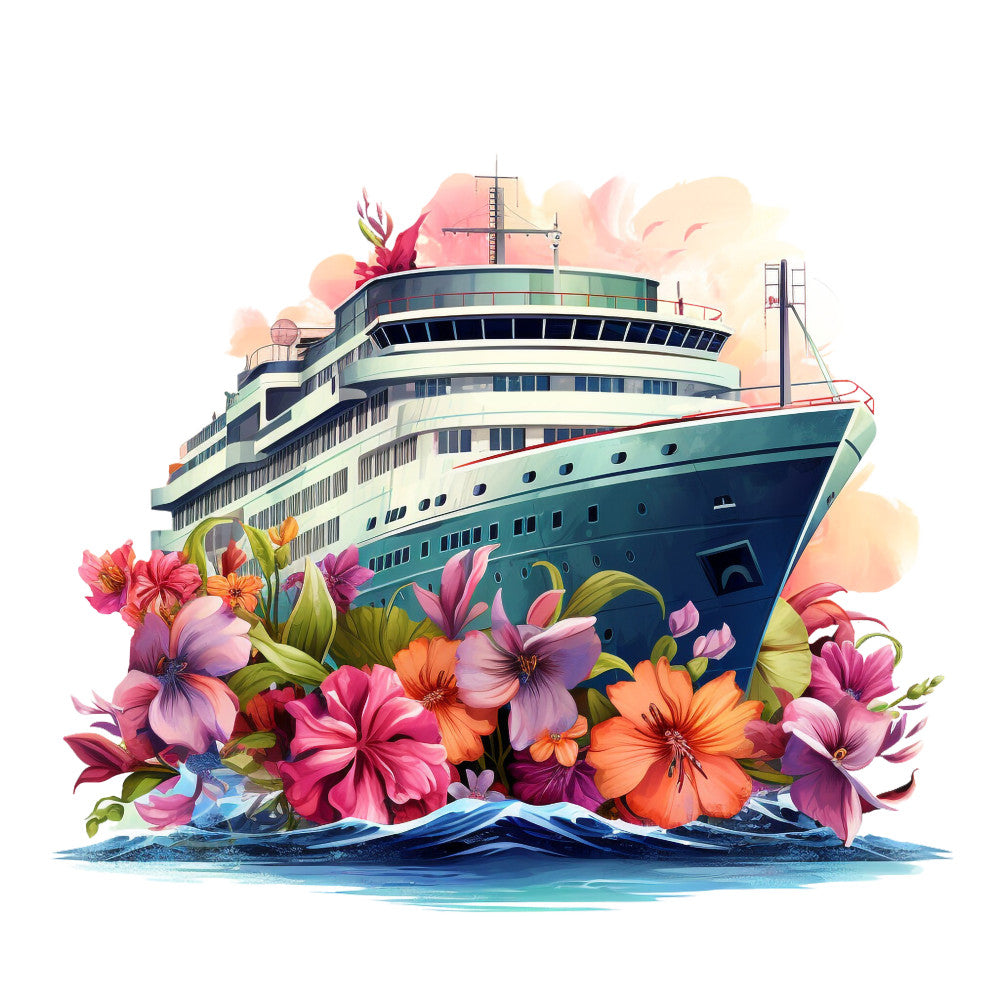 cruise ship, tropical flowers, hibiscus, ocean waves, navy blue, coral pink, orange, purple, teal, watercolor style, maritime theme, vacation motif, fabric panel, quilting cotton, floral arrangement, nautical design, travel theme, tropical paradise, soft pastels, artistic illustration
