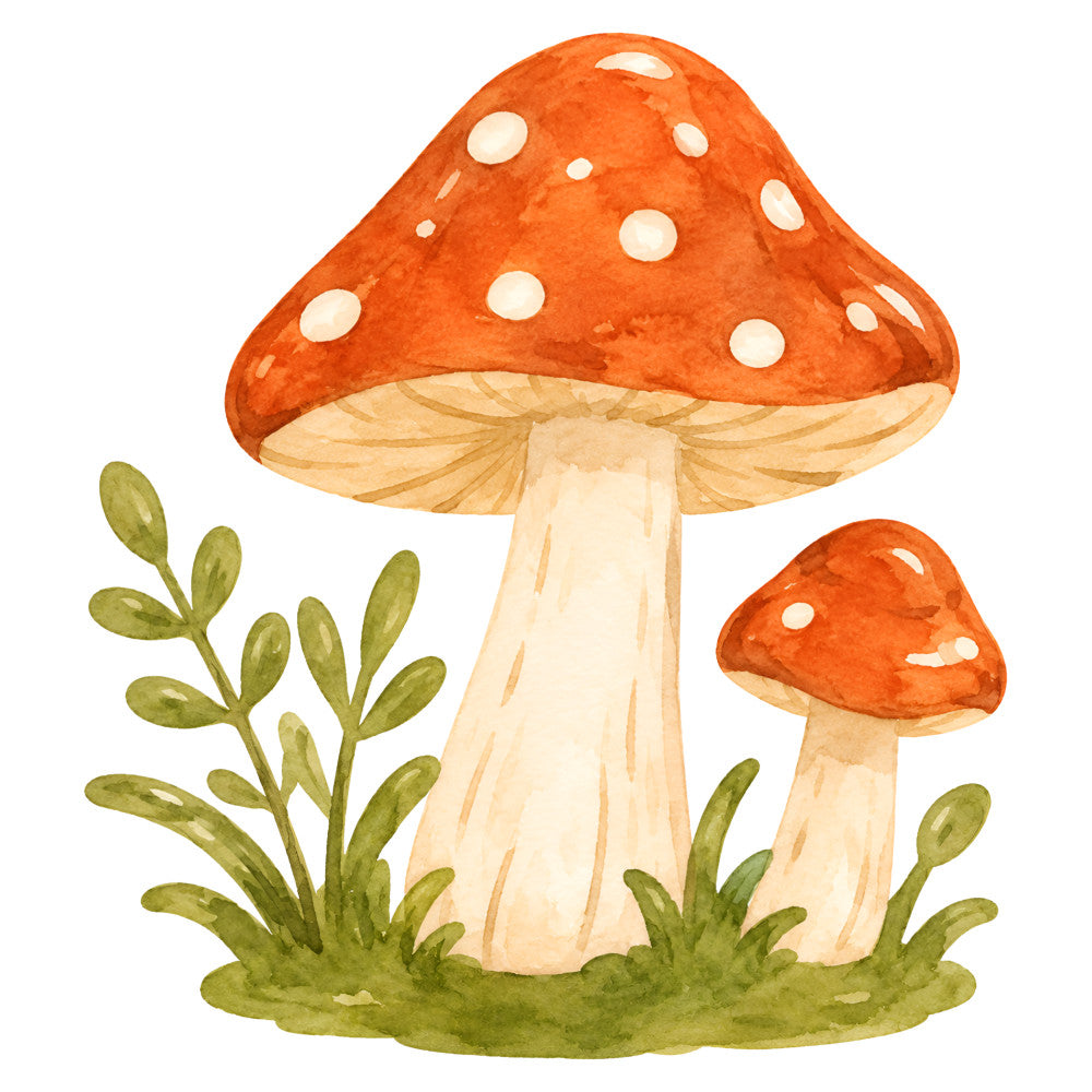 mushroom, toadstool, red, orange, cream, ivory, pale yellow, sage green, moss green, nature, woodland, forest, botanical, whimsical, storybook, fairy tale, cottage core, rustic, vintage, children's, baby, magical, enchanted, grass, moss, spring, summer, illustrated, watercolor, cute