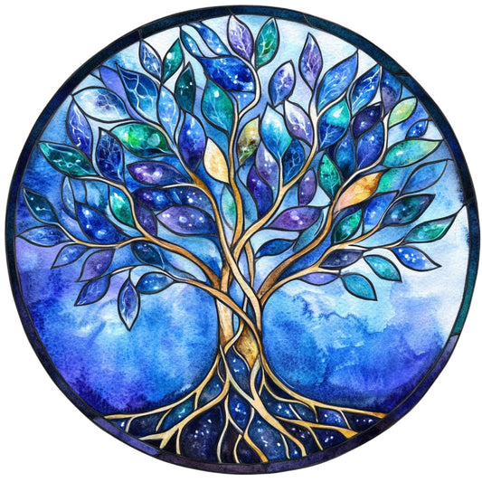 tree of life, stained glass, celestial, navy blue, purple, turquoise, teal, gold, cosmic, mystical, spiritual, nature, botanical, leaves, branches, roots, galaxy, stars, whimsical, elegant, bohemian, modern, magical, night sky, deep blue, iridescent, metallic gold, circular design, wall hanging, meditation