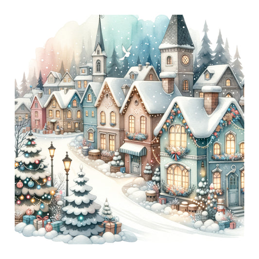 winter village, snowy cottages, christmas village, holiday town, gingerbread houses, festive scene, winter landscape, snow-covered roofs, church steeple, decorative wreaths, twinkling lights, evergreen trees, snow, cream, soft blue, dusty rose, sage green, charcoal gray, warm gold, pastel colors, whimsical, storybook, vintage-inspired, nostalgic, traditional, elegant, festive, christmas, holiday, winter