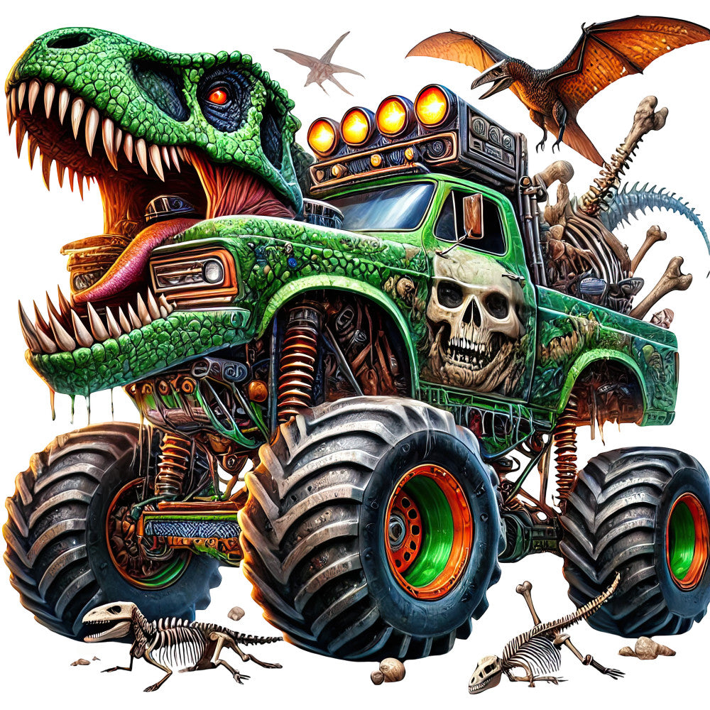 bright green, lime green, skull, dinosaur, t-rex, reptile, dragon, monster, creature, bones, skeleton, mechanical, steampunk, engine, vehicle, truck, monster truck, fantasy, whimsical, dark, edgy, bold, vibrant, orange, metallic gold, adventure, prehistoric, gothic, alternative, novelty