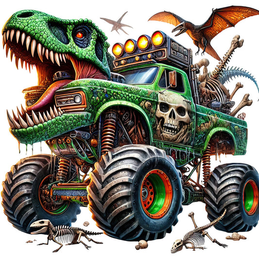 bright green, lime green, skull, dinosaur, t-rex, reptile, dragon, monster, creature, bones, skeleton, mechanical, steampunk, engine, vehicle, truck, monster truck, fantasy, whimsical, dark, edgy, bold, vibrant, orange, metallic gold, adventure, prehistoric, gothic, alternative, novelty