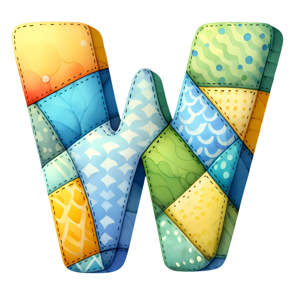 letter w, colorful patchwork, geometric shapes, blue, yellow, green, orange, rainbow colors, whimsical, playful, children's, kids, alphabet, educational, modern, bright colors, multi-color, pattern mix, decorative panels, nursery, baby quilt, wall hanging, turquoise, lime green, sunny yellow, coral orange, navy blue, scallop pattern, polka dots, zigzag