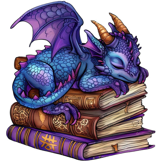 Dragon Sleeping on Books Fabric Panel 11 featuring a detailed purple dragon resting on antique stacked books, premium quilting cotton print.