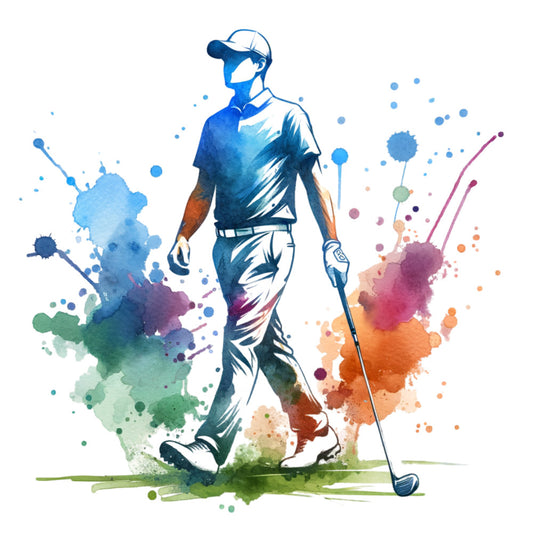watercolor, golf player, golfer, blue, purple, orange, green, pink, paint splashes, sports theme, athletic figure, golf club, fabric panel, quilting cotton, abstract splatter, colorful design, movement, dynamic pose, artistic style, recreational sports
