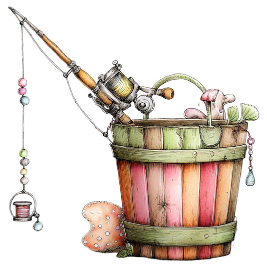 fishing, vintage fishing, whimsical, steampunk, nautical, bucket, fishing rod, reel, mushroom, beads, coral pink, rust red, sage green, cream, tan, brown, nature, cottage core, fantasy, adventure, novelty, embellished, dimensional, hand-drawn, illustration, storybook, quirky, eclectic, mixed media, conversation print