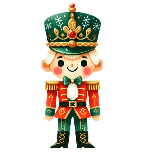 nutcracker, christmas, holiday, festive, red, forest green, gold, cream, vintage, whimsical, toy soldier, traditional, winter, golden accents, jewel tones, decorative, nostalgic, cheerful, elegant, classic christmas, children's, festive clothing, red jacket, green crown, detailed embellishment, holiday charm, seasonal, timeless
