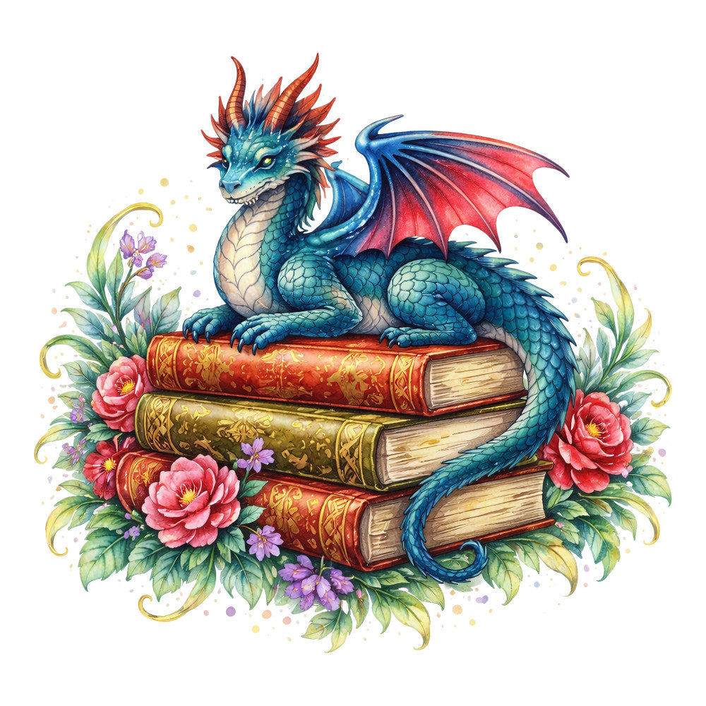 dragon, fantasy, magical creatures, teal blue, turquoise, coral pink, rose red, deep purple, gold, ornate books, floral, roses, peonies, botanical, whimsical, enchanted, storybook, literary, vintage, elegant, romantic, mystical, wings, scales, horns, flowers and creatures, fairy tale, decorative, ornamental, wall hanging