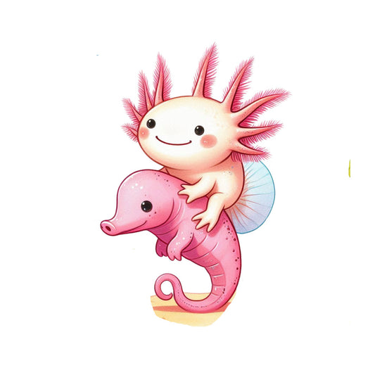 pink, white, pale blue, axolotl, seahorse, cartoon animals, cute characters, smiling faces, watercolor style, soft pastels, fabric panel, quilting cotton, nursery theme, ocean creatures, kawaii design, friendship scene, whimsical art, children's fabric, marine life, playful illustration