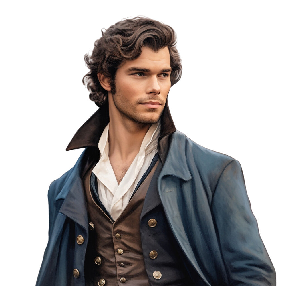 regency era, portrait panel, gentleman, wavy brown hair, blue coat, brass buttons, white shirt, brown vest, period costume, historical figure, masculine, formal wear, 18th century, english fashion, cotton panel, quilting fabric, dusty blue, cream white, chocolate brown, antique gold