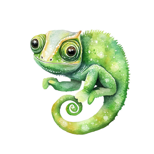 lime green, yellow-green, chartreuse, white, cream, chameleon, reptile, animal, nature, whimsical, cute, playful, children's, kids, baby, tropical, jungle, exotic, modern, contemporary, detailed illustration, realistic, eyes, curled tail, spring, summer, nursery, baby quilt, wall hanging, children's decor