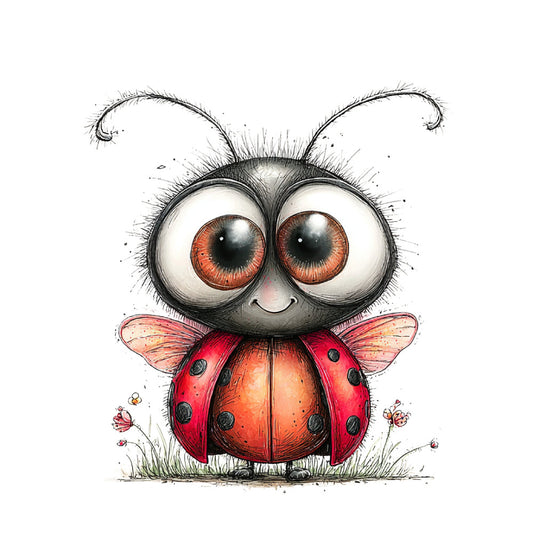 ladybug, whimsical, red, coral, orange, black, cream white, large eyes, insects, nature, children's, cute, fantasy, storybook, adorable, spring, summer, garden, animal character, playful, charming, illustrated, cartoon style, bold colors, detailed, dimensional shading, novelty print, kids fabric, baby, wall hanging