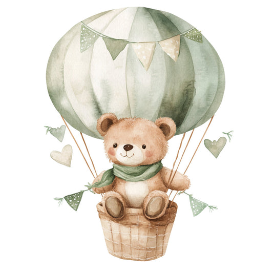 sage green, cream, soft green, pale green, tan, beige, teddy bear, hot air balloon, hearts, bunting flags, whimsical, nursery, baby, vintage, soft, gentle, pastel, nature, adventure, sky, travel, sweet, cute, gender neutral, baby shower, baby quilt, wall hanging, children's fabric, neutral tones, soft colors