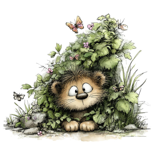 adorable character, animals, whimsical, nature, garden, hedgehog, cute, soft green, sage green, cream, tan, pink flowers, butterflies, insects, leaves, foliage, woodland, storybook, children's, baby, spring, summer, illustration style, quirky, playful, enchanted garden, nature lover, kids fabric, nursey, gentle