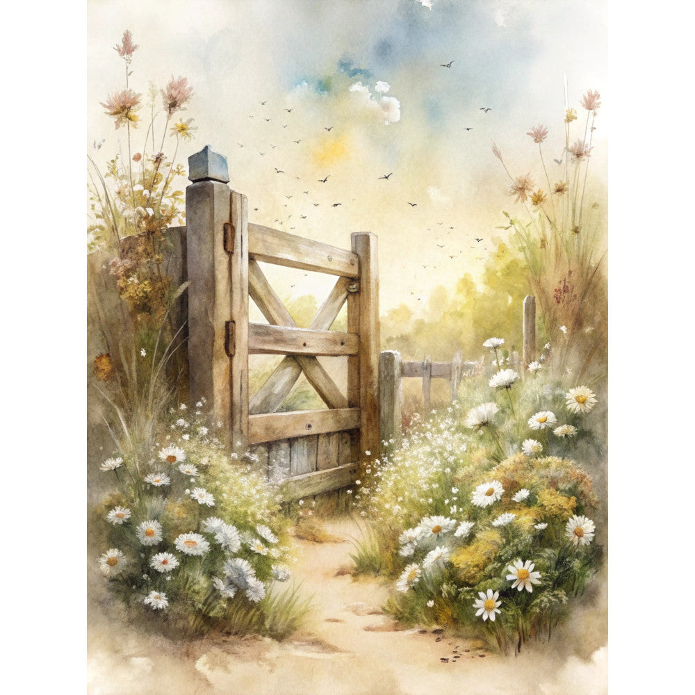 watercolor painting, wooden gate, country fence, white daisies, wildflowers, pastoral scene, soft blues, warm yellows, earth tones, flying birds, meadow path, rustic countryside, fabric panel, quilting cotton, nature scene, cottage garden, peaceful landscape, floral borders, vintage style, serene mood