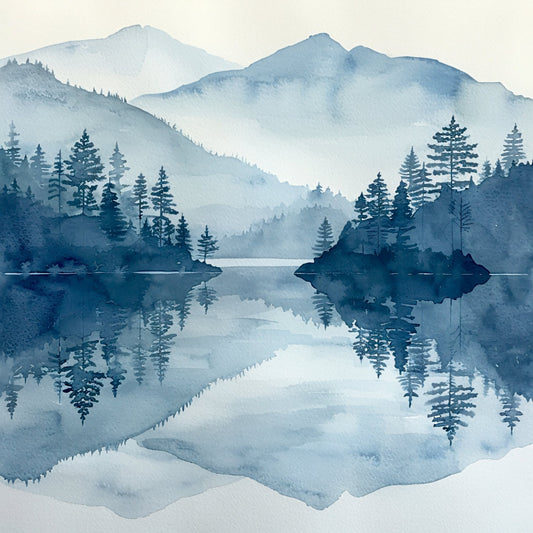 watercolor landscape, mountain scenery, forest trees, lake reflection, misty mountains, blue tones, slate blue, soft blue, pale blue, navy blue, winter landscape, nature theme, peaceful scenery, serene landscape, coniferous trees, pine trees, evergreen forest, water reflection, foggy landscape, tranquil scene, minimalist style, artistic, modern nature, cool tones, monochromatic blue, scenic beauty, outdoor theme, cabin core, nature inspired