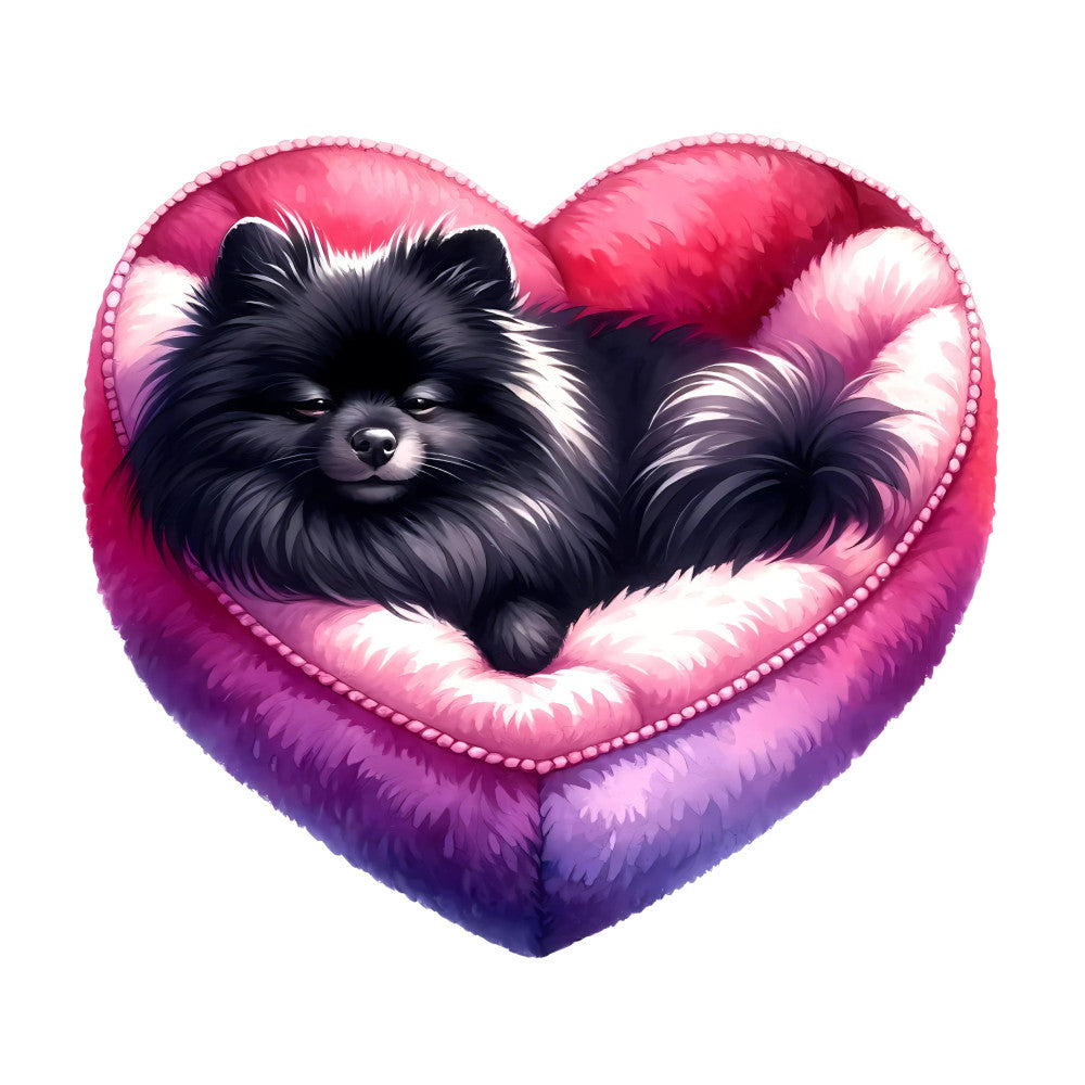 black and white pomeranian, pink heart, purple heart, hot pink, magenta, lavender, fluffy dog, cute puppy, animal lovers, pet themed, whimsical, playful, love and affection, heart shaped, gradient colors, ombre effect, decorative pearls, sweet and charming, dog breed, companion animals, gift for dog lovers, nursery, children's fabric, baby quilt, wall hanging, Valentine's day, love themed, fuzzy texture, illustration style
