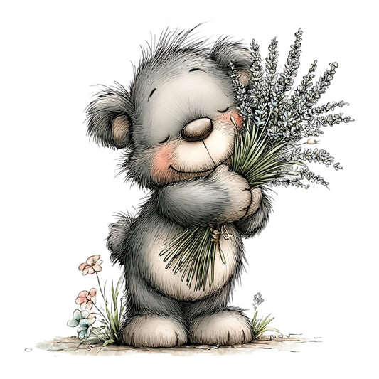 adorable animal, baby quilt, bear, botanical, character panel, cream, cute, friendly, gender neutral, gentle, gray, grey, illustration, kawaii, lavender, nature, nursery, pastoral, peaceful, soft, spring, storybook, sweet, tender, whimsical, wildflower