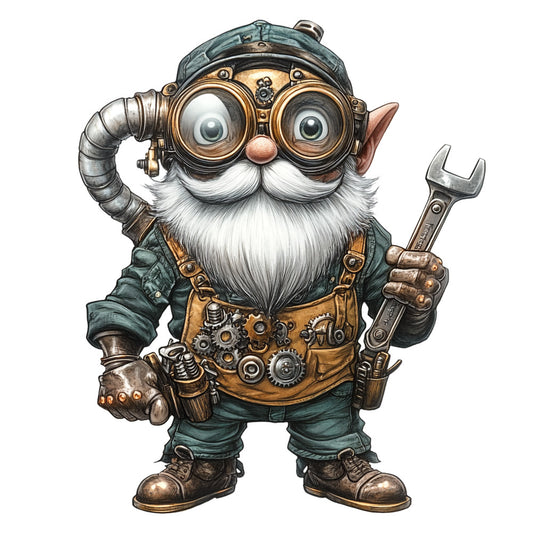 steampunk gnome, mechanical goggles, white beard, brass gears, teal clothing, copper accents, wrench tool, fantasy character, whimsical illustration, fabric panel, quilting cotton, steampunk aesthetic, gnome figure, mechanical details, vintage styling, craft project, sewing panel, character design, bronze tones, detailed artwork