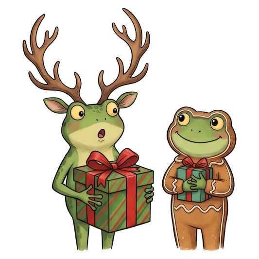 forest green, cream, red, brown, holiday, christmas, whimsical, festive, animals, frogs, reindeer, gingerbread man, cute, playful, cheerful, winter, seasonal, children's, kids, gift giving, bows, presents, rustic, folk art, charming, humorous, fun, decorative, themed characters