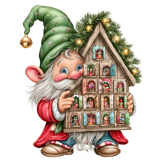 christmas, holiday, gnome, santa, advent calendar, green, red, cream, gold, whimsical, festive, traditional, vintage, nostalgic, winter, december, seasonal, decorative scenes, windows, houses, jolly, charming, folk art style, rustic wood, bell ornament, evergreen, cozy, magical, children's, collectible