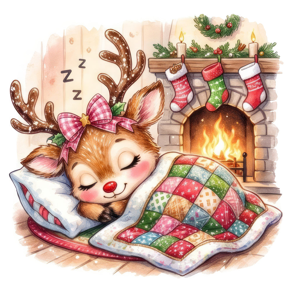 christmas, holiday, sleeping reindeer, festive, whimsical, cozy, fireplace, stockings, wreath, candles, patchwork quilt, red, green, cream, gold, brown, rust, pink, plaid, stars, traditional, winter, seasonal, children's, nursery, baby, cute animals, snuggled, blanket, vintage christmas