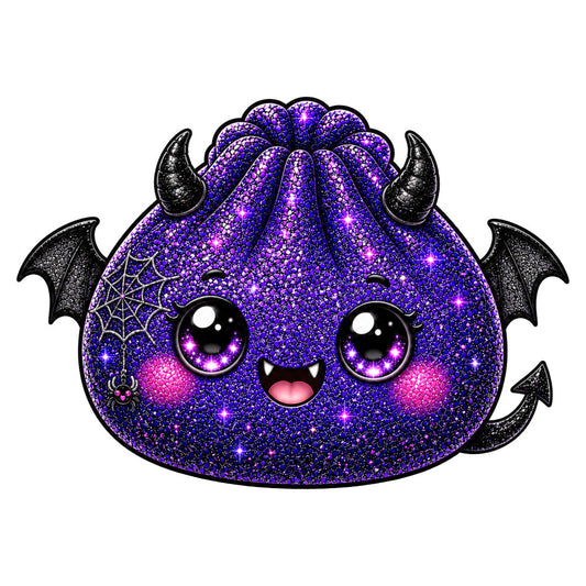 purple glitter, deep purple, magenta, hot pink, black, sparkly, shimmery, cute creature, demon, devil horns, bat wings, spiderweb, spider, big eyes, smiling face, whimsical, playful, magical, halloween, spooky, gothic, fantasy, character design, embellished, iridescent, glittery, supernatural, quirky, dark whimsy, children's fabric