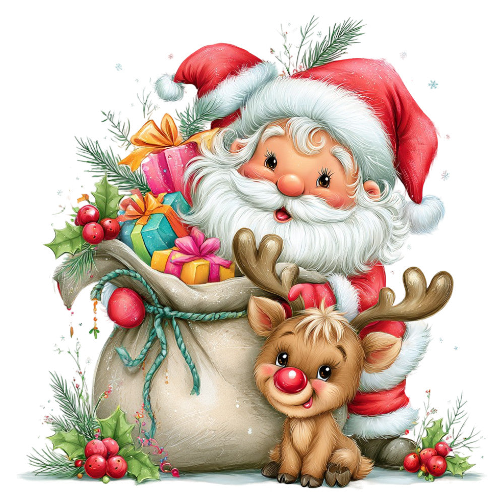 santa claus, reindeer, christmas, holiday, red and white, cream, gold accents, brown, festive, whimsical, vintage, jolly, gift bags, presents, holly berries, pine branches, evergreen, nostalgic, retro, children's, nursery, christmas panel, traditional, december, winter, magical, cheerful, character print