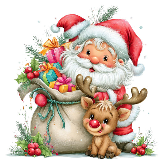 santa claus, reindeer, christmas, holiday, red and white, cream, gold accents, brown, festive, whimsical, vintage, jolly, gift bags, presents, holly berries, pine branches, evergreen, nostalgic, retro, children's, nursery, christmas panel, traditional, december, winter, magical, cheerful, character print
