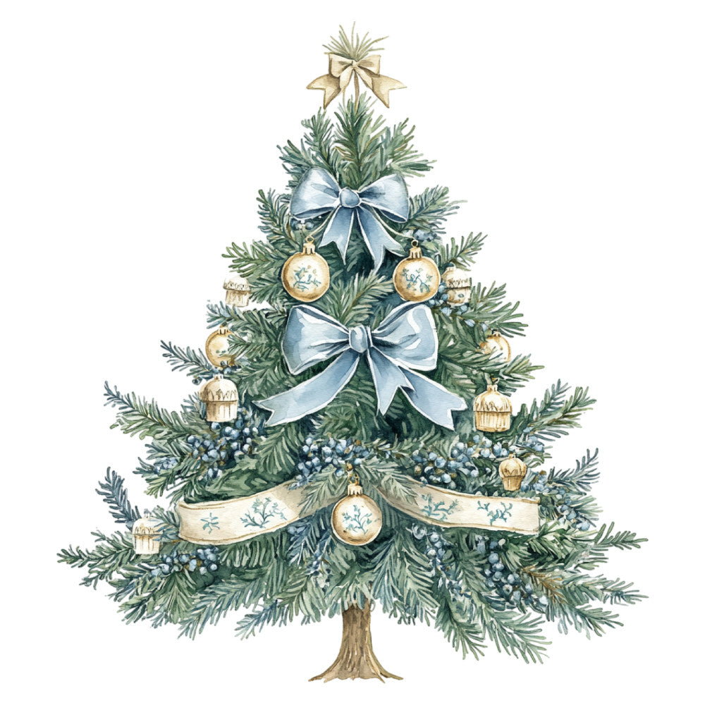 christmas tree, holiday, evergreen, gold ornaments, blue ribbon, bow, star topper, berries, winter, festive, elegant, traditional, vintage, nature, botanical, cream, forest green, sage green, gold, slate blue, blue-gray, ornamental, decorative, seasonal, formal, classic, toile, delicate details, hand-painted style