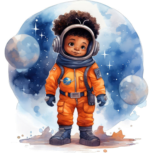 astronaut, space, cosmic, celestial, stars, planets, moon, orange spacesuit, navy blue, sky blue, brown curly hair, children's illustration, whimsical, adventure, exploration, sci-fi, science fiction, futuristic, character panel, cute, playful, inspirational, STEM themed, outer space, starry, dreamy, illustrated, kid's fabric, panel design