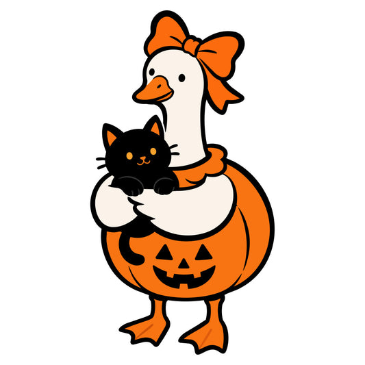 halloween, orange, black, cream, white, pumpkin, jack-o-lantern, cat, duck, goose, bow, ribbon, whimsical, cute, spooky, autumn, fall, holiday, festive, animals, birds, pets, trick-or-treat, costume, children's, kids, playful, charming, decorative, seasonal