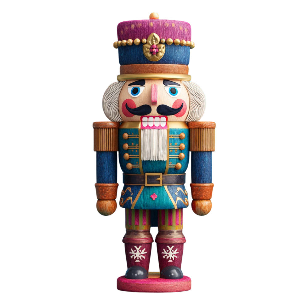 nutcracker, holiday, christmas, military uniform, soldier, toy, traditional, whimsical, navy blue, burgundy, gold, cream, wooden, vintage, festive, decorative, marching band, classic, nostalgic, winter, seasonal, home decor, wall hanging, children's, storybook, ballet, german, european, beige, teal
