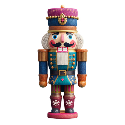 nutcracker, holiday, christmas, military uniform, soldier, toy, traditional, whimsical, navy blue, burgundy, gold, cream, wooden, vintage, festive, decorative, marching band, classic, nostalgic, winter, seasonal, home decor, wall hanging, children's, storybook, ballet, german, european, beige, teal
