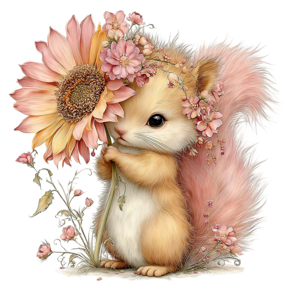 cute animal, fluffy squirrel, pink flowers, coral pink, dusty rose, cream, soft pastels, floral, whimsical, nature, woodland, spring, summer, daisy, sunflower, romantic, gentle, sweet, baby, nursery, children's, feminine, delicate, botanical, garden, rustic charm, illustration style, storybook, fantasy