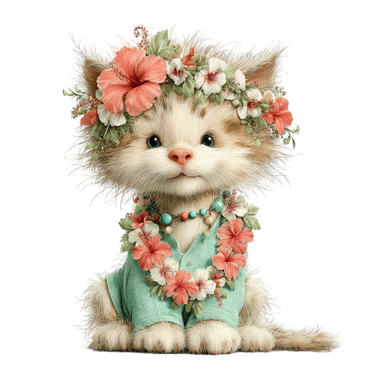 fluffy cat, whimsical, coral pink, cream, sage green, turquoise, floral crown, hibiscus, cute animals, spring, pastel colors, romantic, vintage style, nature themed, flower wreath, adorable, botanical, gentle, soft colors, children's theme, baby quilt, decorative panel, feminine, garden flowers, cheerful, illustration style, character design, nursery decor, sweet theme