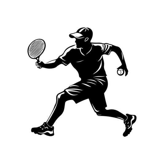 tennis, sports, athletic, black and white, monochrome, silhouette, active wear, racquet, ball, player, movement, action, modern, minimalist, graphic, line art, high contrast, games, recreation, summer, apparel, unisex, dynamic pose, running, fitness, contemporary, bold design, illustration style