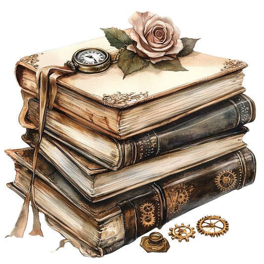 vintage, steampunk, books, roses, dusty rose, tan, cream, bronze, gold, copper, black, brown, antique, classical, literary, gears, compass, clock, elegant, romantic, nostalgic, victorian, industrial, botanical, floral, whimsical, timeless, classic literature, study, library