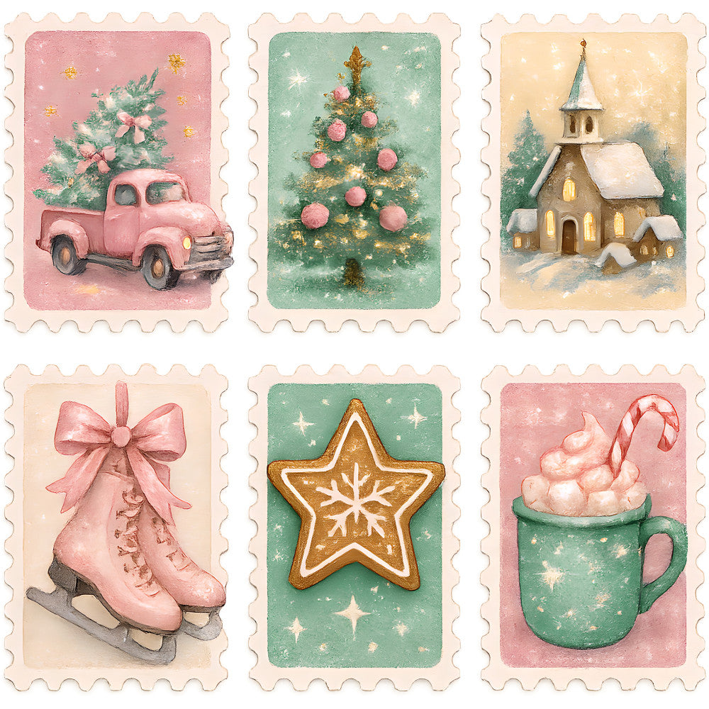 pink, green, beige, christmas tree, vintage truck, church, ice skates, gingerbread star, hot chocolate, candy canes, winter scene, snow, watercolor style, fabric panel, quilting, cotton, holiday theme, nostalgic, whimsical, pastel colors, festive motifs