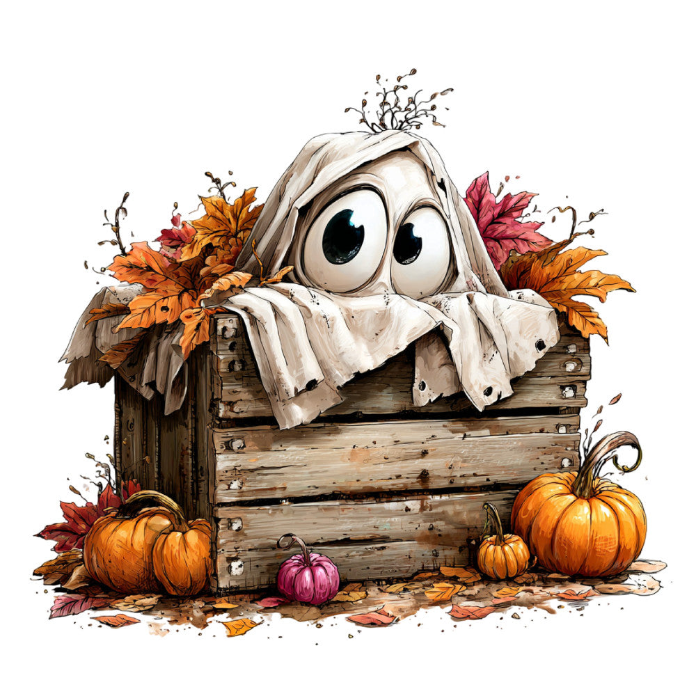 halloween, autumn, fall, ghost, spooky, cute ghost, whimsical, children's, pumpkin, orange pumpkins, cream white, rust orange, burgundy red, farmhouse, seasonal, holiday, trick or treat, festive, cloth leaves, fall foliage, wood texture, rustic wood, wide-eyed, playful, kid-friendly, decorative panel, wall hanging, costume, harvest theme