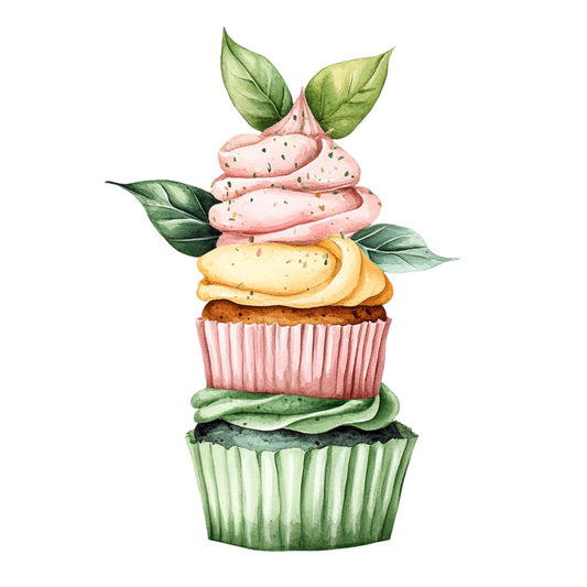 cupcake, botanical, whimsical, pastel pink, sage green, cream, chocolate brown, nature, food, dessert, playful, illustrated, leaves, layered, spring, summer, garden theme, sweet treats, decorative panel, children's fabric, feminine, detailed illustration, multicolor, artistic, mint green, dusty rose, natural elements, baking theme
