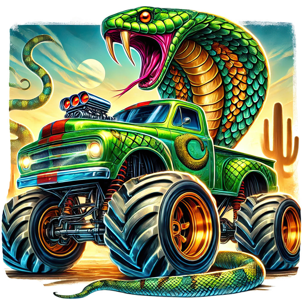 bright green, lime green, orange, golden yellow, teal, magenta, neon colors, vibrant, monster truck, serpent, snake, desert, cactus, southwestern, hot rod, muscle car, chrome wheels, metallic, cartoon style, comic book, bold graphics, action packed, playful, whimsical, novelty, automotive, reptile, fantasy