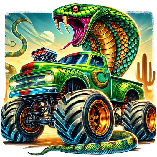 bright green, lime green, orange, golden yellow, teal, magenta, neon colors, vibrant, monster truck, serpent, snake, desert, cactus, southwestern, hot rod, muscle car, chrome wheels, metallic, cartoon style, comic book, bold graphics, action packed, playful, whimsical, novelty, automotive, reptile, fantasy