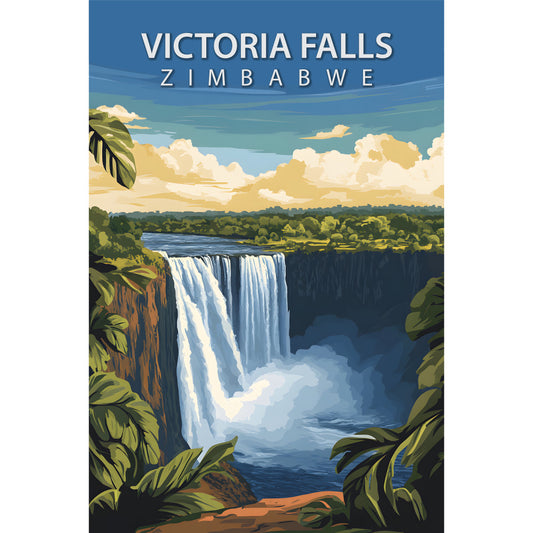 victoria falls, zimbabwe, waterfall, tropical landscape, blue sky, white clouds, green foliage, turquoise water, travel poster, vintage style, scenic vista, african destination, natural wonder, cascading water, lush vegetation, tourism art, fabric panel, quilting cotton, nature scene, adventure theme