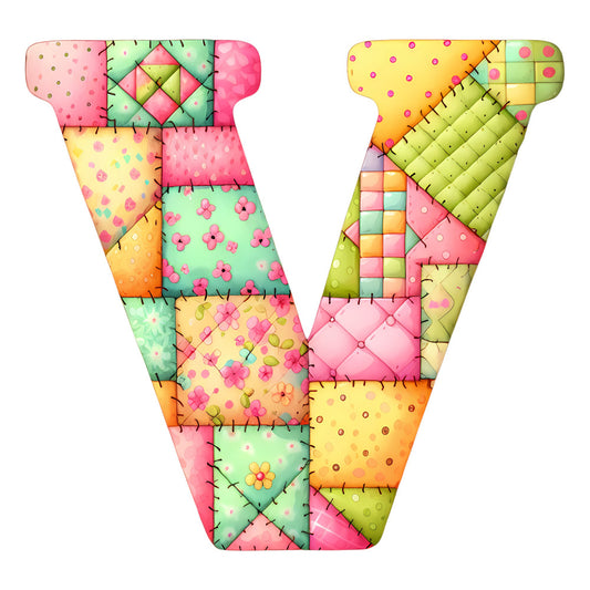 patchwork, letter w, colorful, spring, floral, polka dots, quilted, whimsical, playful, bright, cheerful, multi-color, pink, yellow, green, orange, mint green, coral pink, sunflowers, flowers, stitched details, dimensional, textured, children's, fun, decorative letter, alphabet, nursery, appliqué style